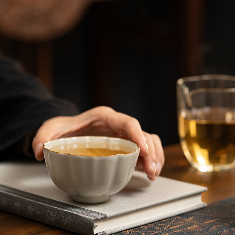 米黄汝窑主人杯陶瓷茶杯开片可养个人专用单杯品茗杯功夫茶具单个