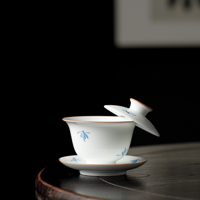 德化白瓷手绘三才盖碗可悬停泡茶碗单个悬浮敬茶茶杯陶瓷功夫茶具