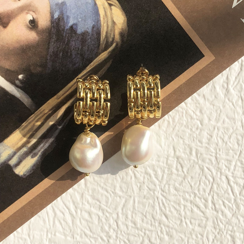 手工捏珠子玻璃材质金属抛光耳饰 复古巴洛克珍珠耳环 vintage法式