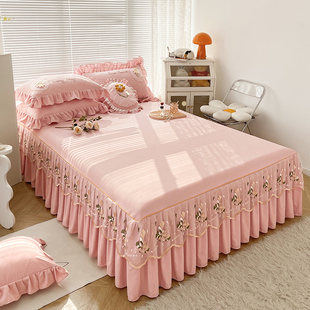 公主风蕾丝床裙单件防滑水洗棉床罩三件套床套纯色双人床围裙 韩式