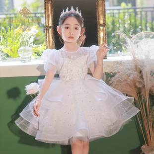 儿童礼服公主裙花童婚礼小女孩白色婚纱女童钢琴演奏主持人演出服