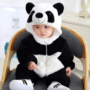 加厚保暖宝宝熊猫动物哈衣爬服新生儿衣服外出服 婴儿连体衣秋冬季