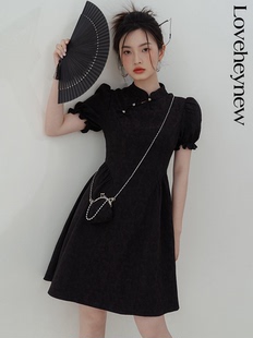 LOVEHEYNEW新中式 短袖 2022新款 显瘦裙子 改良旗袍黑色连衣裙女夏季