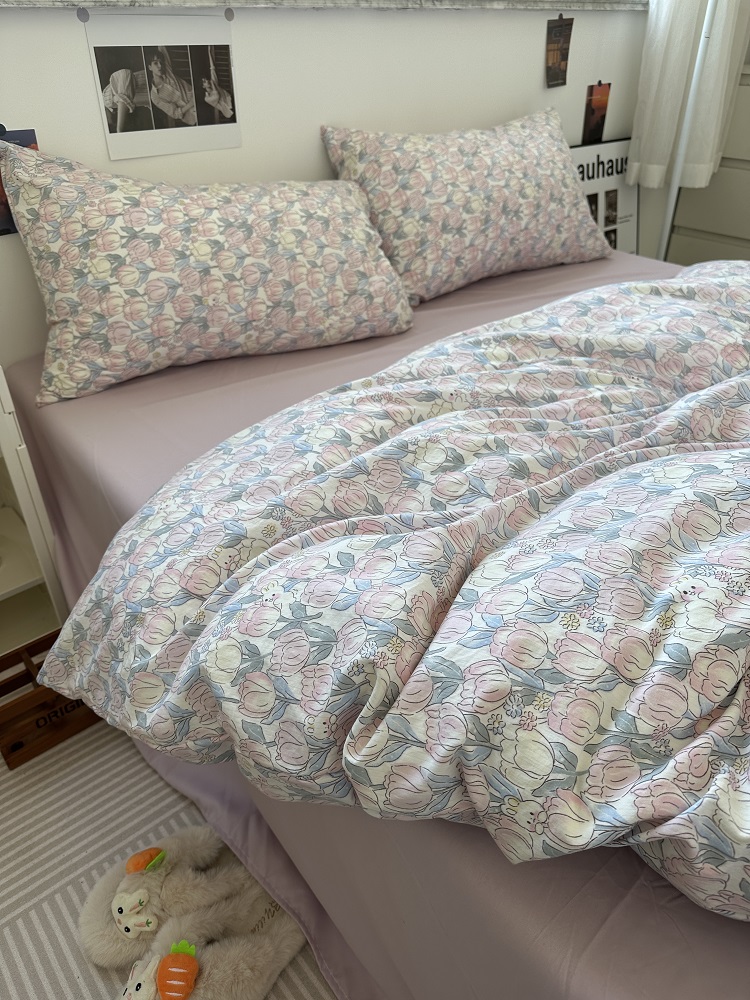 紫色少女心ins小碎花水洗棉麻四件套床单纯色被套床上三件套床笠3