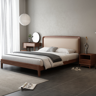 北美黑胡桃木床北欧全实木现代简约1.5米1.8双人卧室真皮软包靠床