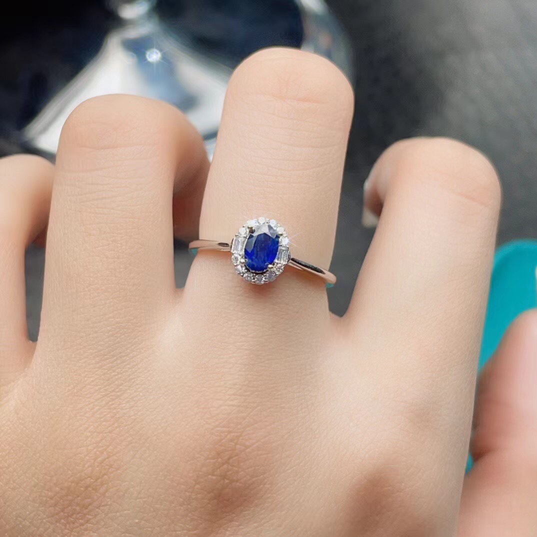 宝石指环女可调节 s925银天然蓝宝石戒指简约复古款 丽丽主播