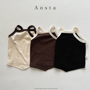 韩国婴幼童装 不规则跳色薄棉柔软吊带背心AOSTA宝宝夏季 打底衫