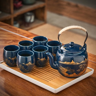 陶瓷提梁壶茶杯整套家用办公送礼代发 简约日式 黑釉大容量茶具套装