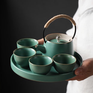 家用一壶四杯便携旅行简约功夫茶具创意陶瓷茶盘小套 茶具套装 日式