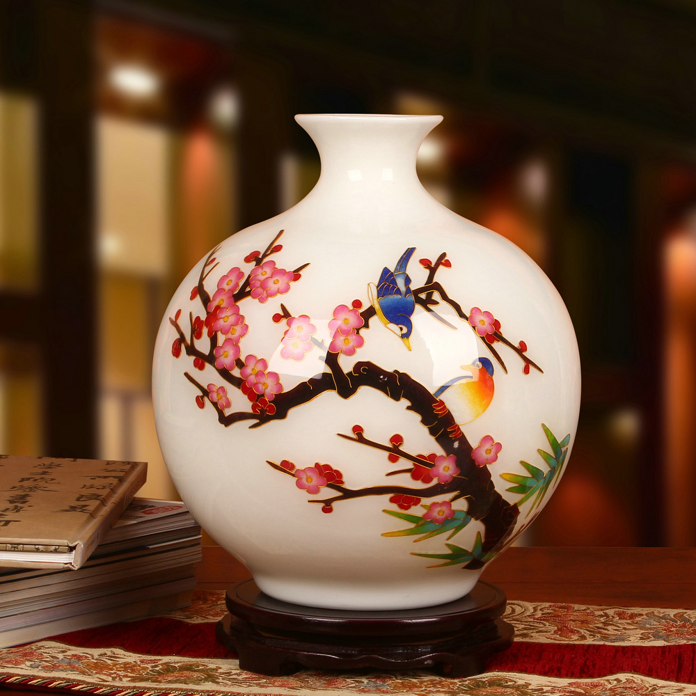 景德镇陶瓷器 高档金丝麦秆喜上眉梢白色花瓶 家居工艺品摆件 时尚