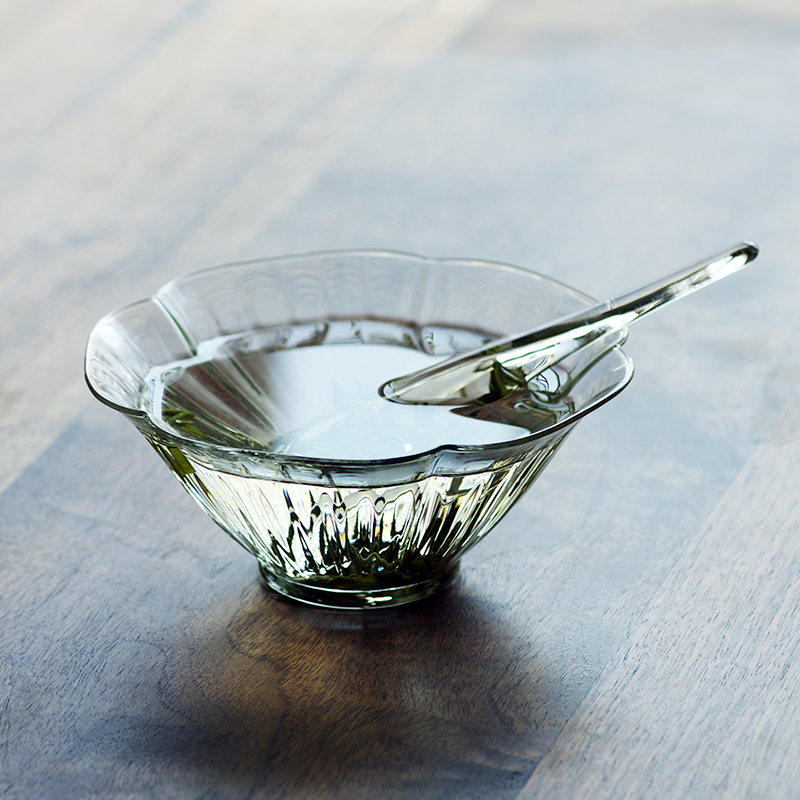 带勺透明宋茶碗干泡茶碗甜品绿茶泡茶碗 仿宋花瓣玻璃碗耐高温中式