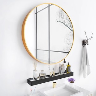 浴室镜子带置物架卫生间免打孔洗手梳化妆贴墙自粘圆形玻璃挂墙式