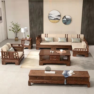 红木家具 鸡翅木贵妃沙发转角现代L型实木软体小户型客厅新中式