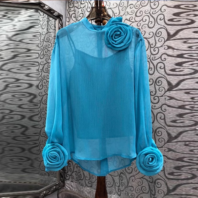 2023秋冬新品 法式 上衣 气质洋气设计感立体花朵雪纺透视两件套衬衫