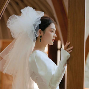 摄影跟妆 新娘云朵头纱领证蓬蓬造型主婚纱头饰拍照复古中长款 韩式