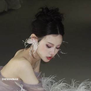 婚纱结婚耳环超仙晨袍礼服耳饰摄影造型 新娘羽毛花朵耳夹时尚 韩式