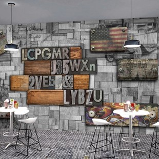 墙纸咖啡餐厅壁纸创意木板纹字母酒吧ktv壁画 复古3d立体个性 欧式