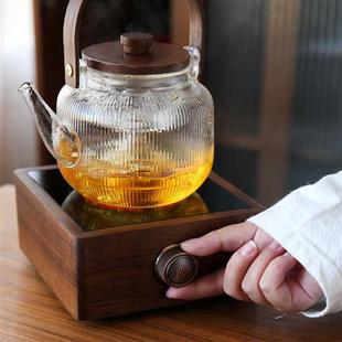 胡桃木电陶炉煮茶器玻璃烧水壶白茶围炉煮茶壶家用小型电热茶炉