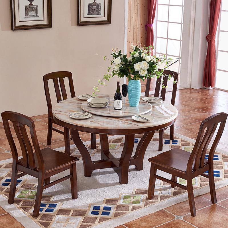 圆桌带转盘饭桌圆形旋转全实木家用餐桌椅组合 大理石餐桌新中式