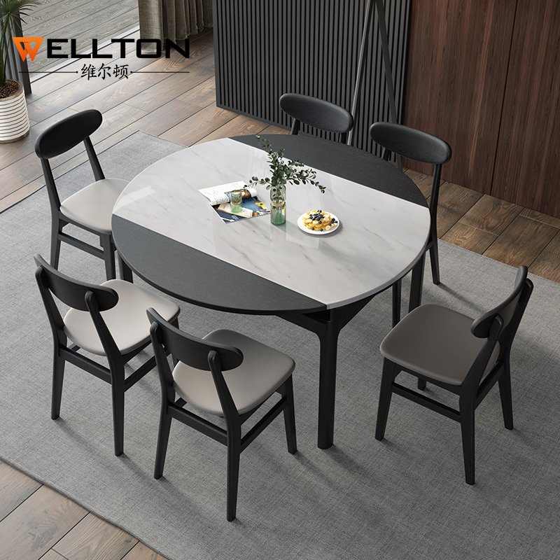 北欧大理石餐桌家用圆形餐桌椅组合简约饭桌子家用小户型伸缩餐桌