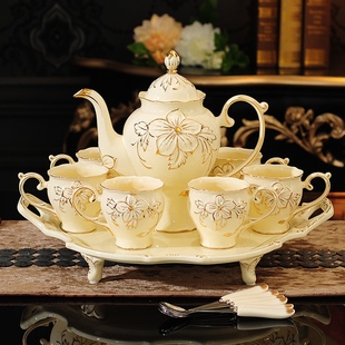 轻奢风杯子家用客厅茶几带托盘 家庭水具茶壶茶杯茶具套装 陶瓷欧式