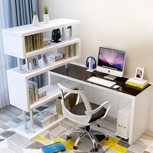 家用卧室桌子书柜一体转角书桌书架组合写字桌 简易旋转电脑桌台式