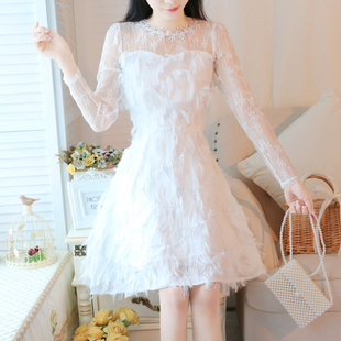 秋装 甜美长袖 韩版 流苏连衣裙女气质收腰显瘦超仙白色仙女裙子 新款