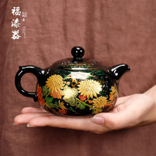 福漆器茶具大漆手绘莳绘金菊茶壶西施壶家用泡茶壶传统个人手把壶