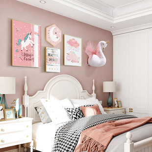饰画女孩公主房间卧室床头背景墙挂画创意壁画粉色 北欧儿童房装