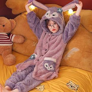 儿童睡袍秋季 睡衣女孩儿童套装 冬季 家居服 连帽珊瑚绒睡衣加厚款