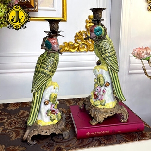 高档铜配瓷复古法式 别墅鹦鹉烛台美式 精致摆件 客厅玄关餐桌欧式