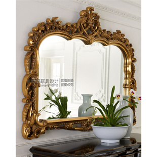 饰镜定制 方形浴室镜玄关镜壁挂仿古金色雕花餐边镜沙发墙面装 欧式