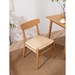 定制北欧创意餐厅原木色编织藤编椅设计师靠背餐椅现代简约实木餐