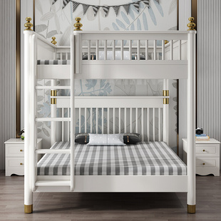 白色上下床同宽实木儿童高低床上下铺滑梯1.8米双层床新中式