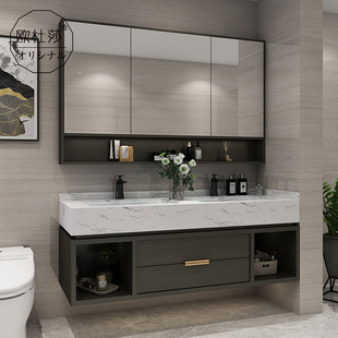 北欧实木浴室柜组合岩板一体盆现代简约洗漱台洗手台盆柜卫浴定制