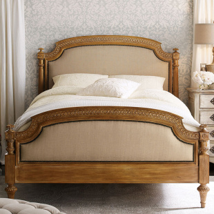 实木床双人床1.8米乡村复古橡木床卧室1.5布艺床雕花原木家具 美式