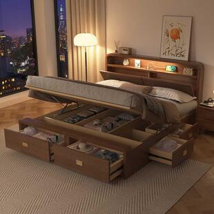 现代简约实木床1.8米储物床1.5米主卧硬靠落地高箱气压床尾带抽屉
