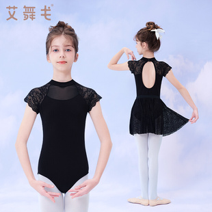 女童芭蕾舞服立领黑色蕾丝连体服中国舞练功服 夏季 儿童舞蹈服短袖