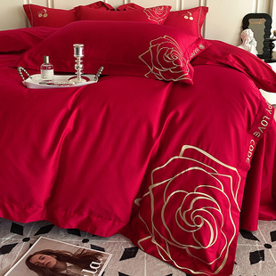 大红色婚庆100S高支长绒棉四件套玫瑰刺绣被套全棉结婚房床上用品