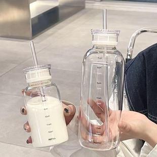 牛奶杯成人玻璃带吸管带盖有刻度便携耐高温密封大学生透明喝水杯