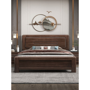 双人床2.0米x2.2米主卧1.8米简约储物加厚实木大床 胡桃木现代中式
