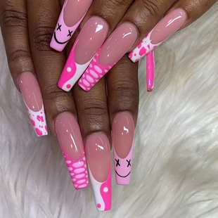 Pink False Cover Nail Design Coffin French Cow ong Full