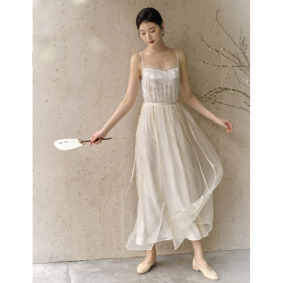 山有色新中式 女装 内搭白裙简约飘逸气质温柔长裙 吊带连衣裙夏季
