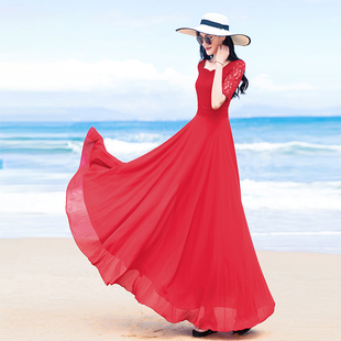 大摆波西米亚沙滩长裙女夏 气质显瘦长款 大红色雪纺连衣裙2024新品
