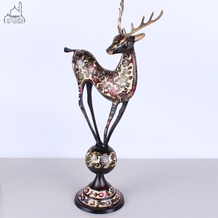 饰摆件结婚 定制巴基斯坦铜器动物对鹿手工工艺黑漆彩一对鹿家居装