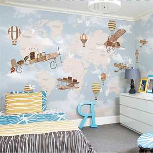 北欧儿童房墙纸男孩房间壁纸卧室背景墙壁画卡通飞机世界地图墙布