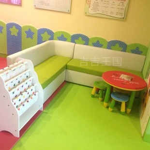 幼儿园早教中心转角加长等候区沙发软包卡座拼色儿童接待区沙发椅