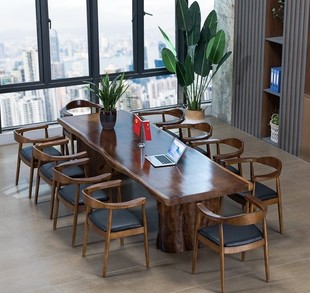 原木茶台现代大板桌长桌办公长条会议桌组合 实木大板茶桌新中式