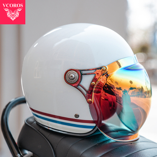 4XL VCOROS碳纤维复古哈雷半盔摩托车四分之三头盔男女巡航特大码