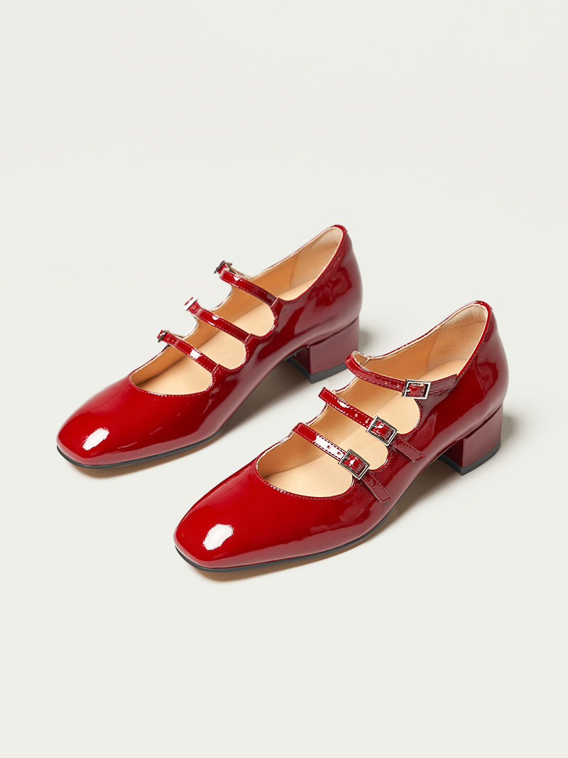 女 新款 一字带法式 复古浅口中跟粗跟单鞋 2022春季 ANN红色玛丽珍鞋